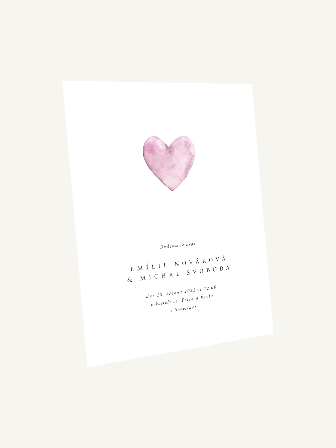Růžové akvarelové svatební oznámení se srdcem