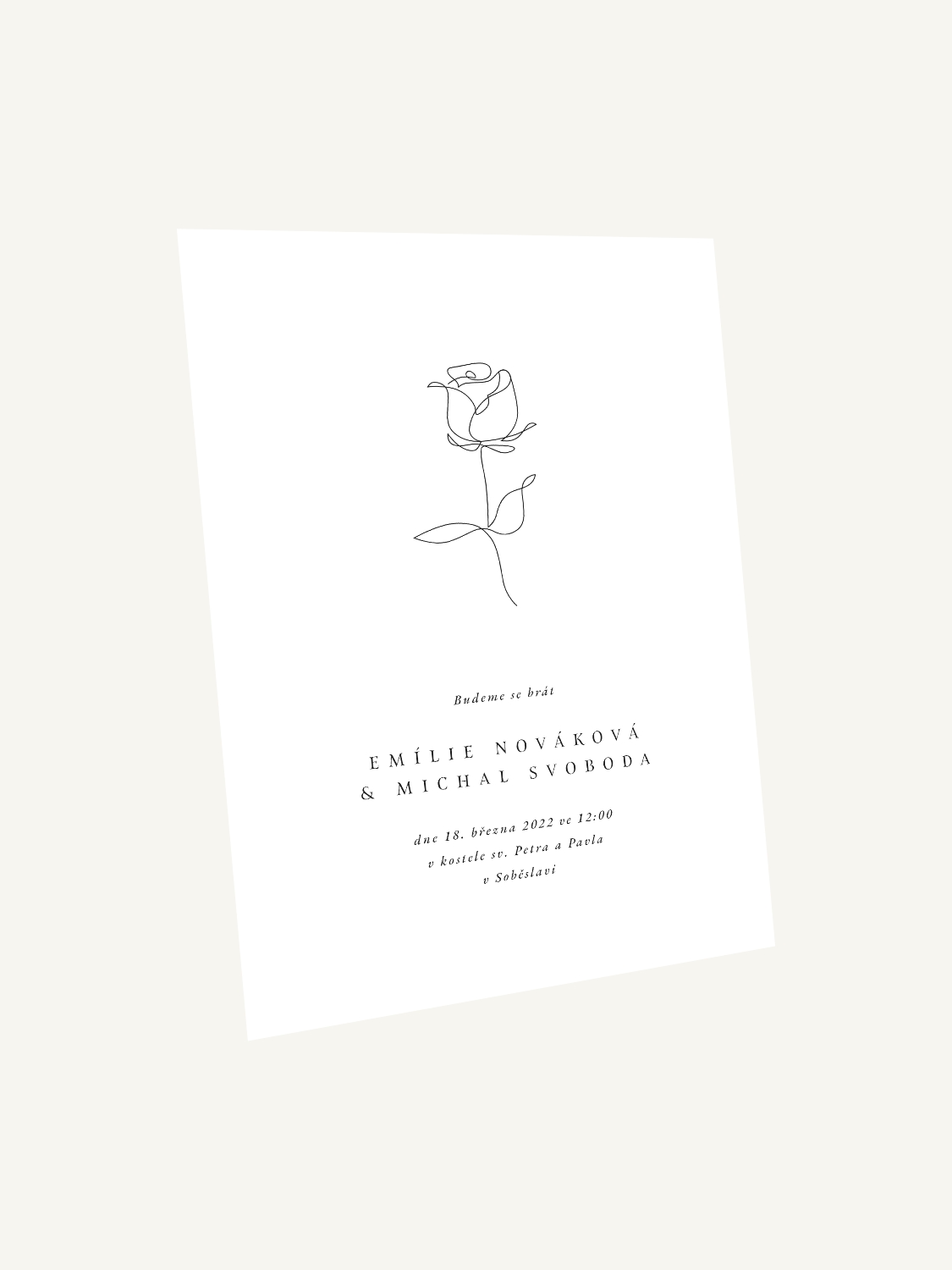 Jednoduché minimalistické svatební oznámení s růží