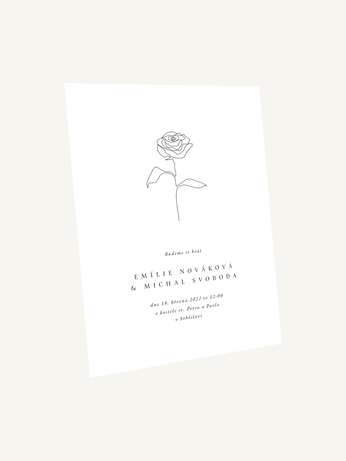 Jednoduché minimalistické svatební oznámení s růží